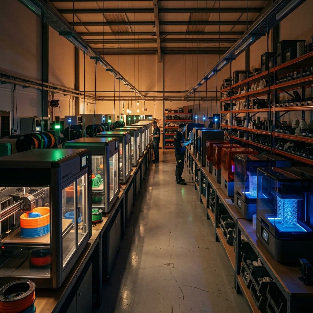 Inside the EOD Cube production floor — rows of 3D printers at work